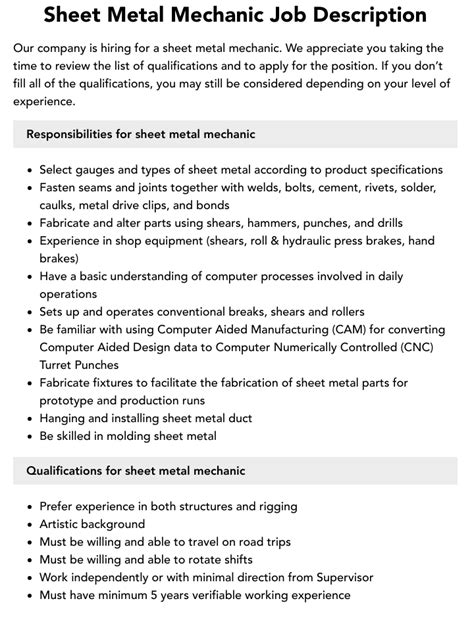 sheet metal installer jobs|sheet metal mechanic job duties.